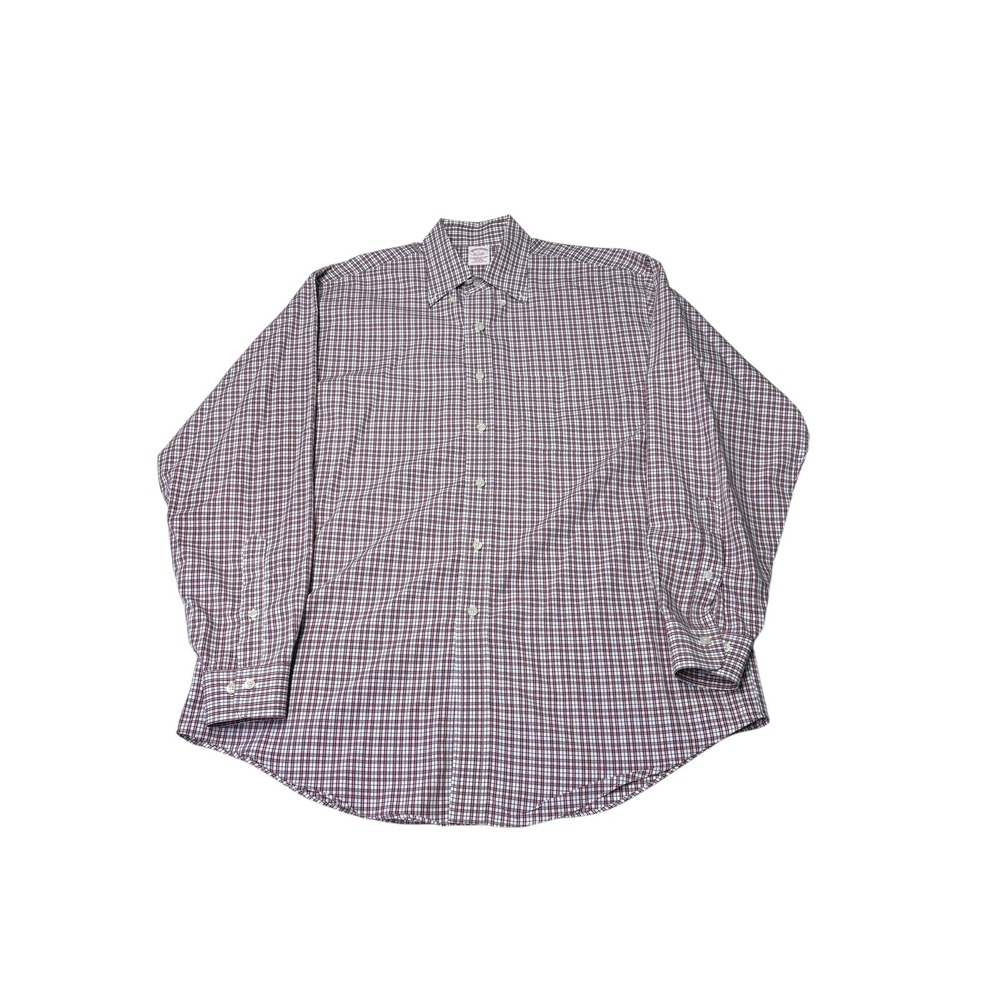 Brooks Brothers Non-Iron Traditional Fit Shirt Mens Large Burgundy Blue Check